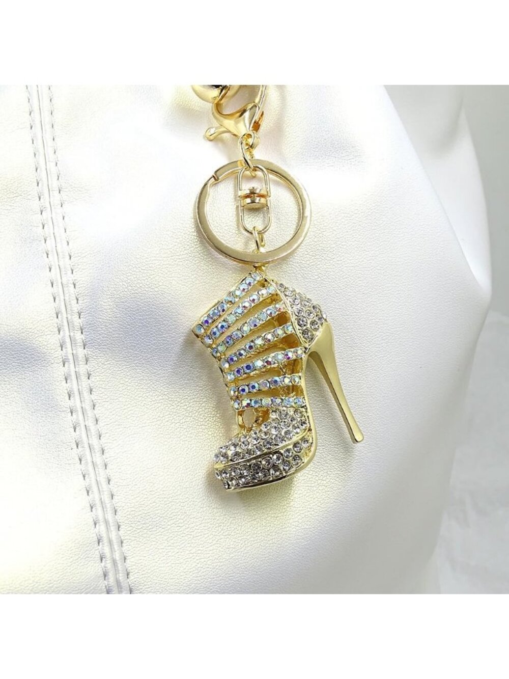 White High Heel Charm Keychain for Women Crystal Diamond Pendant Purse Keyring - Picture 6 of 6